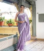 Dusty purple chiffon floral block print saree with unstitched blouse piece