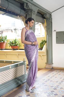 Dusty purple chiffon floral block print saree with unstitched blouse piece 3