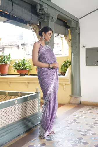 Dusty purple chiffon floral block print saree with unstitched blouse piece