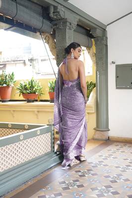 Dusty purple chiffon floral block print saree with unstitched blouse piece 4