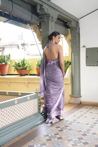 Dusty purple chiffon floral block print saree with unstitched blouse piece