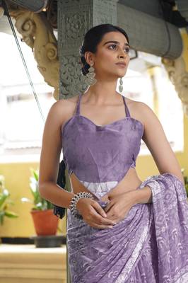 Dusty purple chiffon floral block print saree with unstitched blouse piece 5