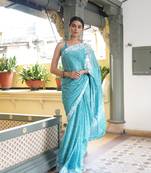 Turquoise chiffon floral block print saree with unstitched blouse piece