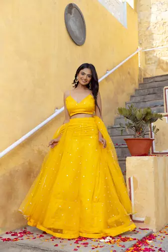 yellow  Embroidered Net lehenga choli