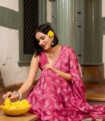 Crimson pink chiffon geometric print tassels saree with unstitched blouse piece