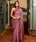 Light dusty red chiffon floral print tassels saree with unstitched blouse piece