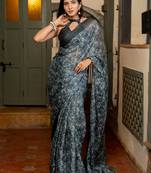 Light grey chiffon floral printed tassels saree with unstitched blouse piece