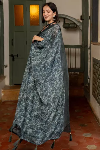 Light grey chiffon floral printed tassels saree with unstitched blouse piece