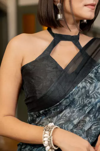 Light grey chiffon floral printed tassels saree with unstitched blouse piece
