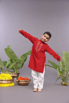 Gold work embroidered red kurta and pyjama 1
