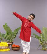 Gold work embroidered red kurta and pyjama