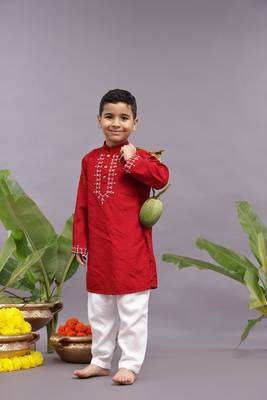 Gold work embroidered red kurta and pyjama 2