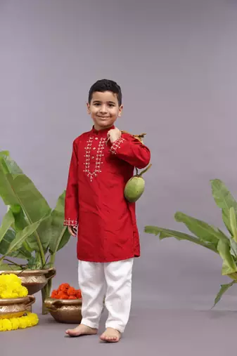 Gold work embroidered red kurta and pyjama