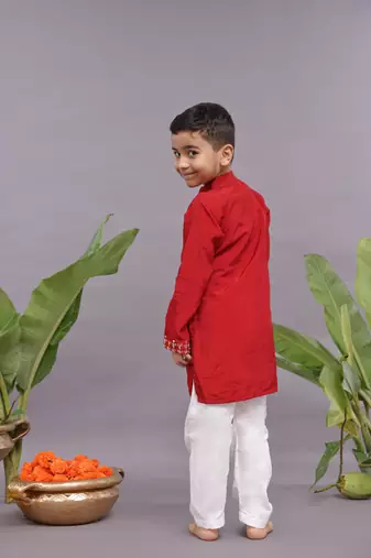 Gold work embroidered red kurta and pyjama