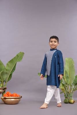 Dark blue kurta with bandhani printed panel and pyjama 1