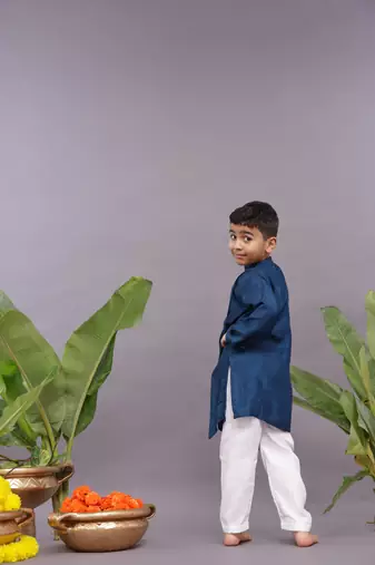 Dark blue kurta with bandhani printed panel and pyjama