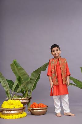 Banarasi jacquard printed bandhgala with orange kurta and pyjama 1
