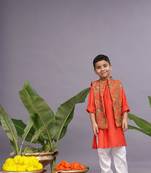 Banarasi jacquard printed bandhgala with orange kurta and pyjama