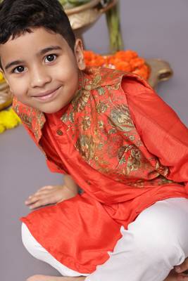 Banarasi jacquard printed bandhgala with orange kurta and pyjama 2