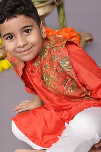 Banarasi jacquard printed bandhgala with orange kurta and pyjama