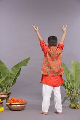 Banarasi jacquard printed bandhgala with orange kurta and pyjama 3