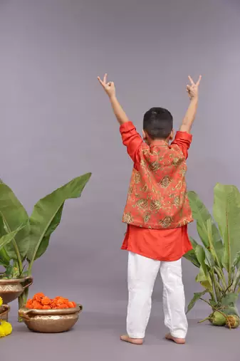 Banarasi jacquard printed bandhgala with orange kurta and pyjama