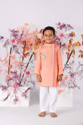 Dark peach bamberg silk kurta with embroidered horse and white pyjama 1
