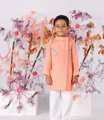 Dark peach bamberg silk kurta with embroidered horse and white pyjama