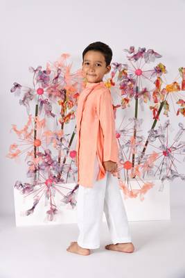 Dark peach bamberg silk kurta with embroidered horse and white pyjama 2