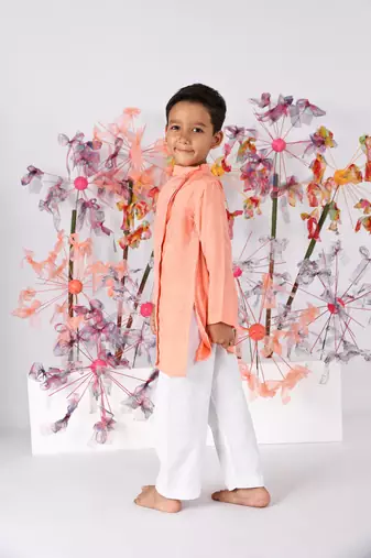 Dark peach bamberg silk kurta with embroidered horse and white pyjama
