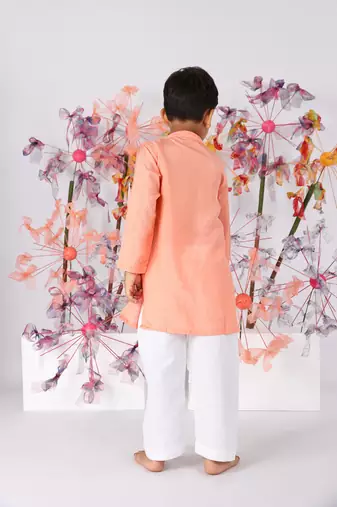 Dark peach bamberg silk kurta with embroidered horse and white pyjama
