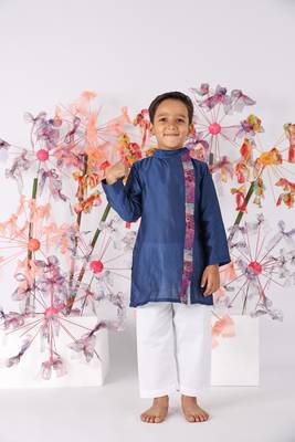 Dark blue kurta with printed panel and white pyjama 1