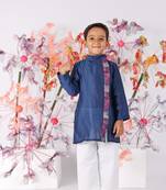 Dark blue kurta with printed panel and white pyjama