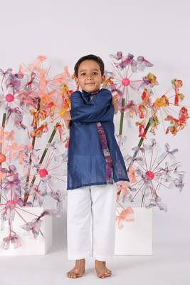 Dark blue kurta with printed panel and white pyjama 2