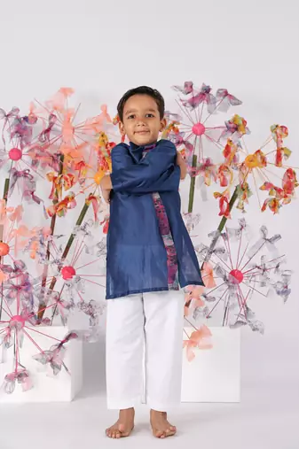 Dark blue kurta with printed panel and white pyjama