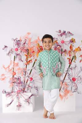 Green chanderi chevron print kurta with embroidered green jacket and white pyjama 1