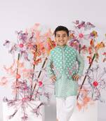 Green chanderi chevron print kurta with embroidered green jacket and white pyjama