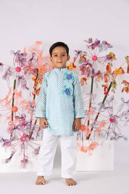 Blue chanderi chevron print kurta with embroidered turtle and white pyjama 1