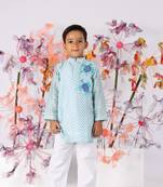 Blue chanderi chevron print kurta with embroidered turtle and white pyjama