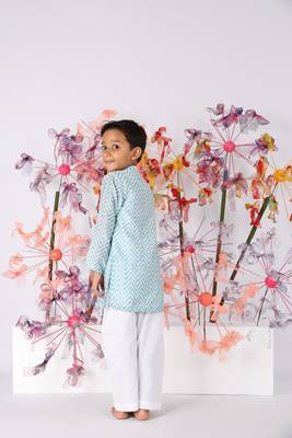 Blue chanderi chevron print kurta with embroidered turtle and white pyjama 2