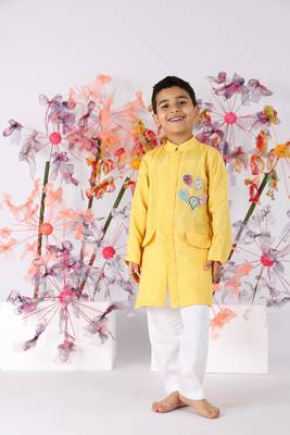 Hand embroidered achkan with yellow balloons and white pyjama 1