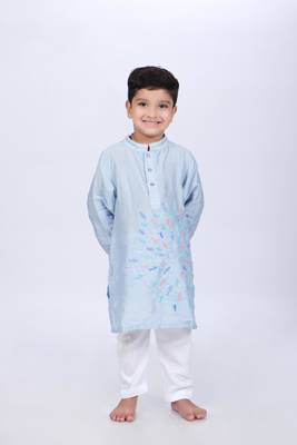Blue kurta with colorful fish embroidery with white pyjama 1