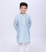 Blue kurta with colorful fish embroidery with white pyjama