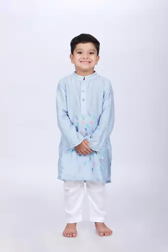 Blue kurta with colorful fish embroidery with white pyjama