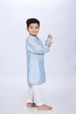 Blue kurta with colorful fish embroidery with white pyjama 4
