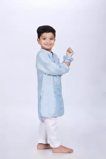 Blue kurta with colorful fish embroidery with white pyjama
