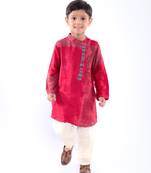 Red and green dotted print kurta with off white pyjama