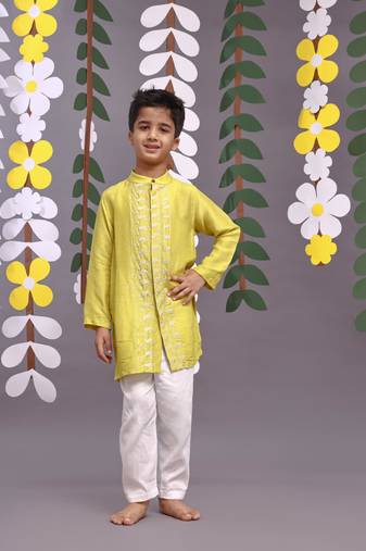 Yellow Silver dori embroidered achkan with pyjama