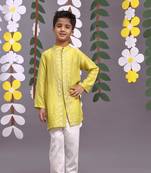 Yellow Silver dori embroidered achkan with pyjama