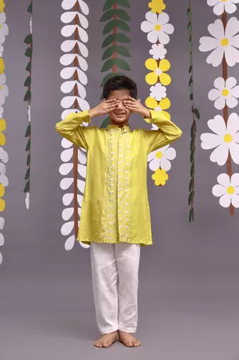 Yellow Silver dori embroidered achkan with pyjama